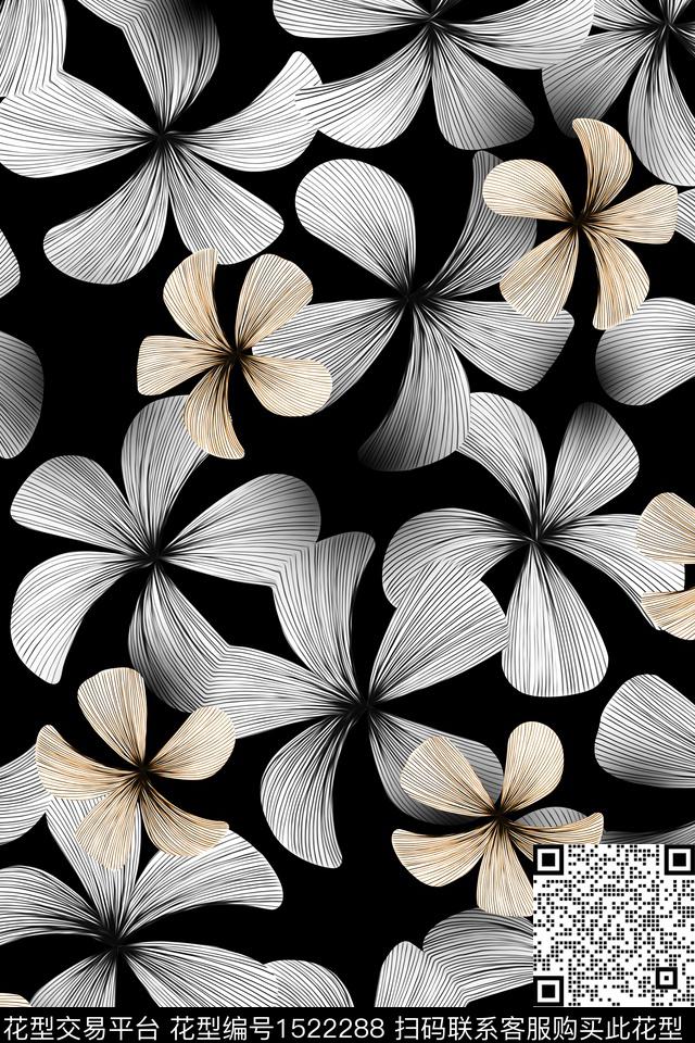 黑底花卉花卉大牌风数码印花华亿平台下载（图片编号: 1522288） - 瓦栏（Walan）