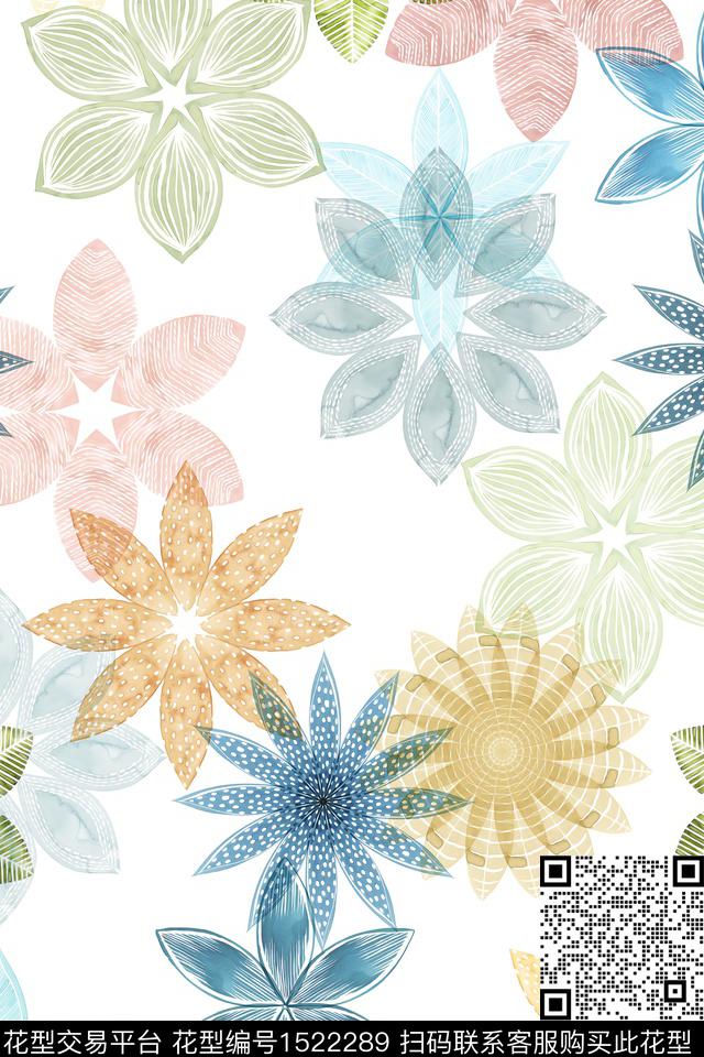 几何民族风花卉数码印花华亿平台下载（图片编号: 1522289） - 瓦栏（Walan）