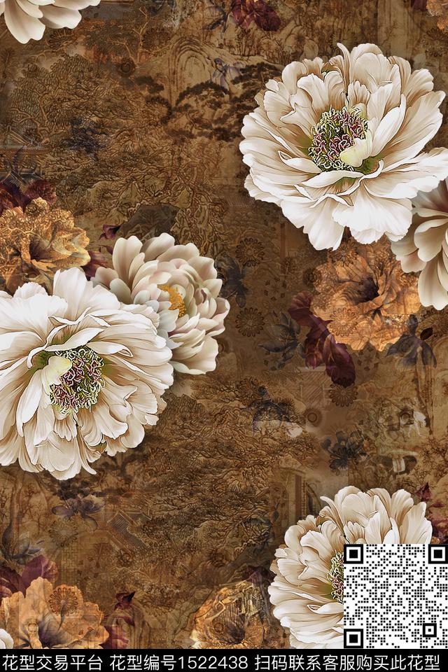 花卉香云纱中国风数码印花华亿平台下载（图片编号: 1522438） - 瓦栏（Walan）
