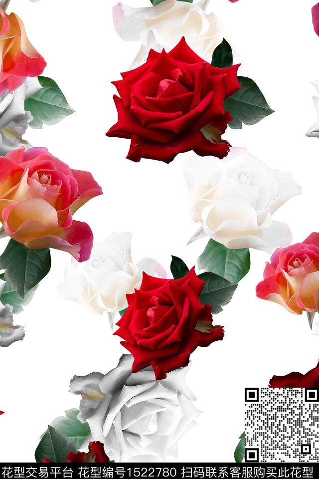 玫瑰花花卉大牌风数码印花华亿平台下载（图片编号: 1522780） - 瓦栏（Walan）
