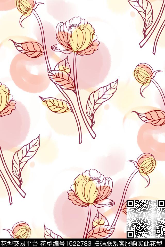 小清新线条花卉水彩花卉数码印花华亿平台下载（图片编号: 1522783） - 瓦栏（Walan）