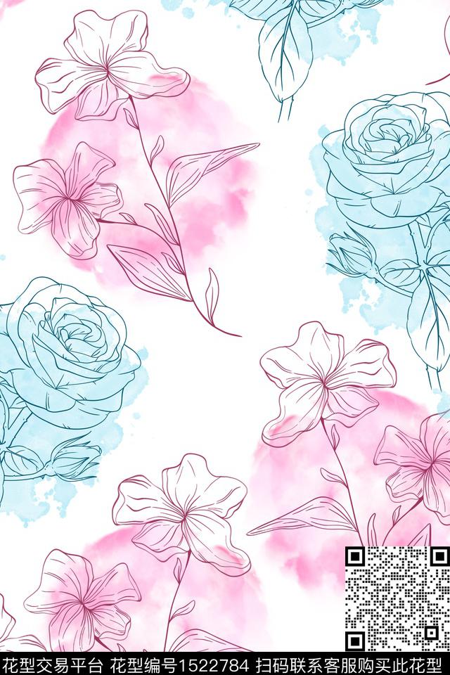 小清新线条花卉水彩花卉数码印花华亿平台下载（图片编号: 1522784） - 瓦栏（Walan）