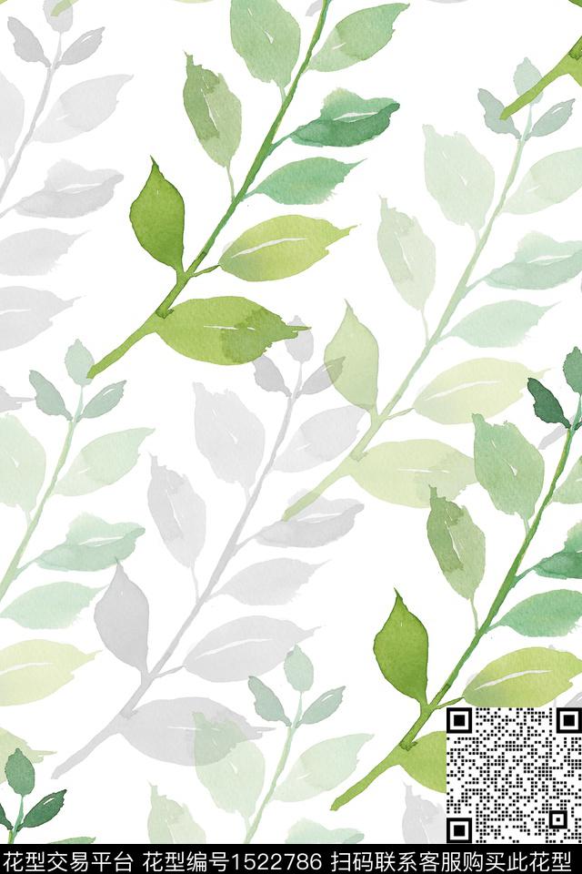 水彩绿植树叶小清新数码印花华亿平台下载（图片编号: 1522786） - 瓦栏（Walan）