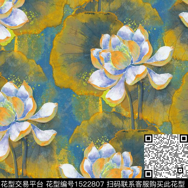荷花油画华亿平台旗袍数码印花华亿平台下载（图片编号: 1522807） - 瓦栏（Walan）