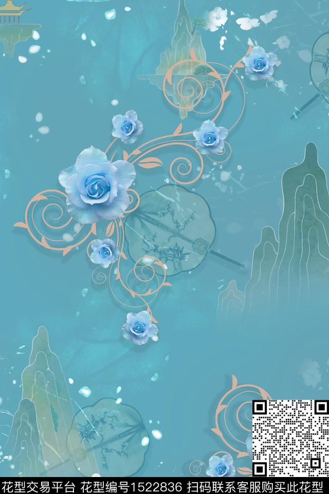 绿植树叶旗袍中国风数码印花华亿平台下载（图片编号: 1522836） - 瓦栏（Walan）