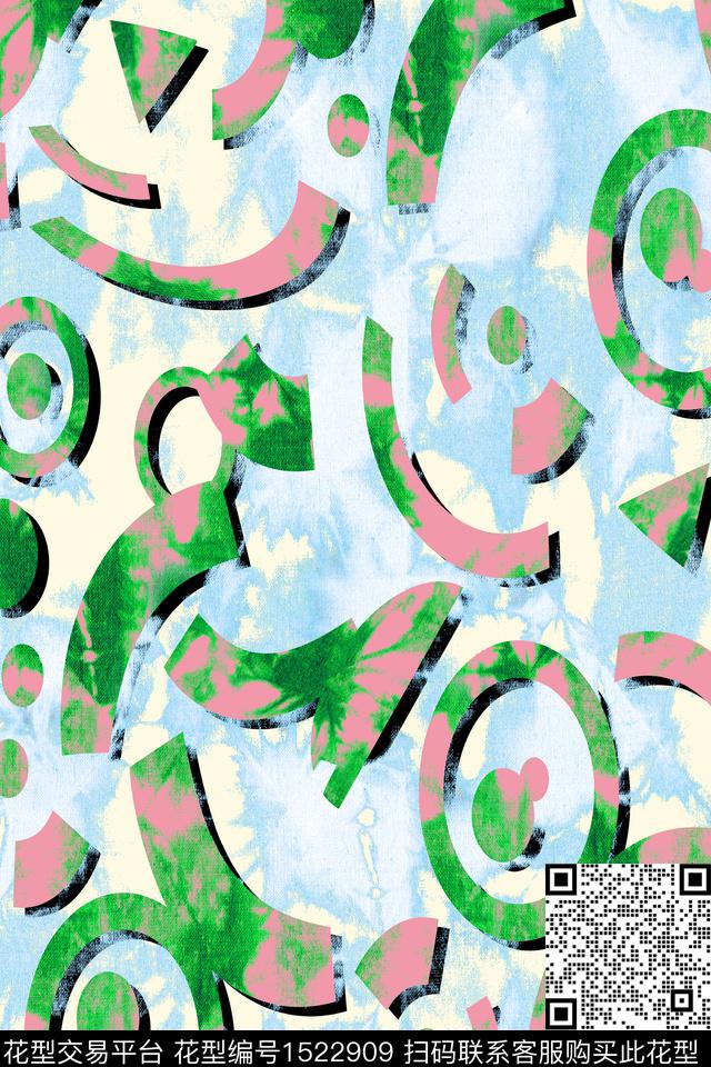 扎染华亿平台清爽底花卉几何数码印花华亿平台下载（图片编号: 1522909） - 瓦栏（Walan）