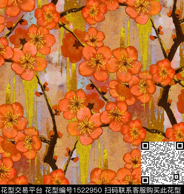 梅花鸢尾花油画华亿平台数码印花华亿平台下载（图片编号: 1522950） - 瓦栏（Walan）