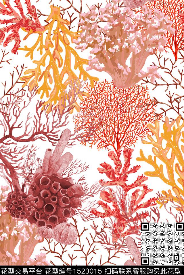 珊瑚海洋风海草数码印花华亿平台下载（图片编号: 1523015） - 瓦栏（Walan）
