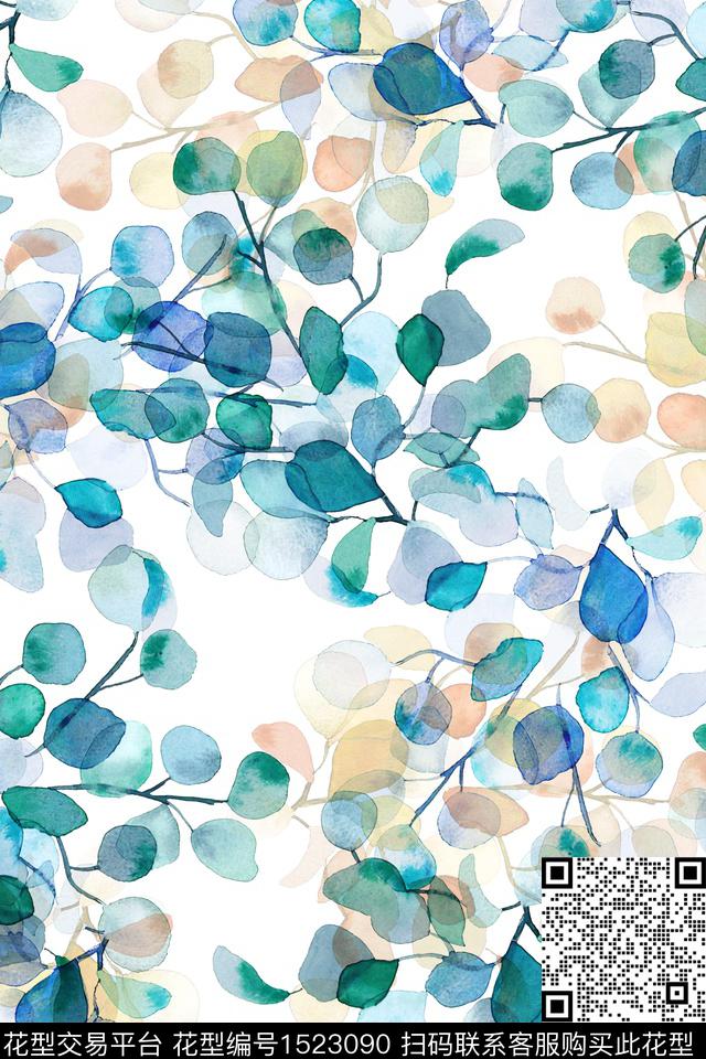 绿植树叶大牌风抽象数码印花华亿平台下载（图片编号: 1523090） - 瓦栏（Walan）