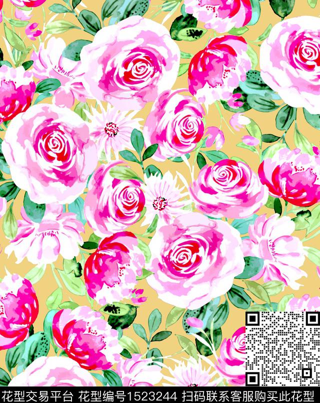 水彩花卉家纺印花女装数码印花华亿平台下载（图片编号: 1523244） - 瓦栏（Walan）