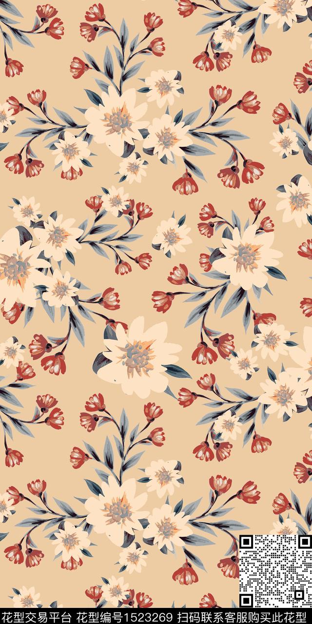 花卉手绘矢量数码印花华亿平台下载（图片编号: 1523269） - 瓦栏（Walan）