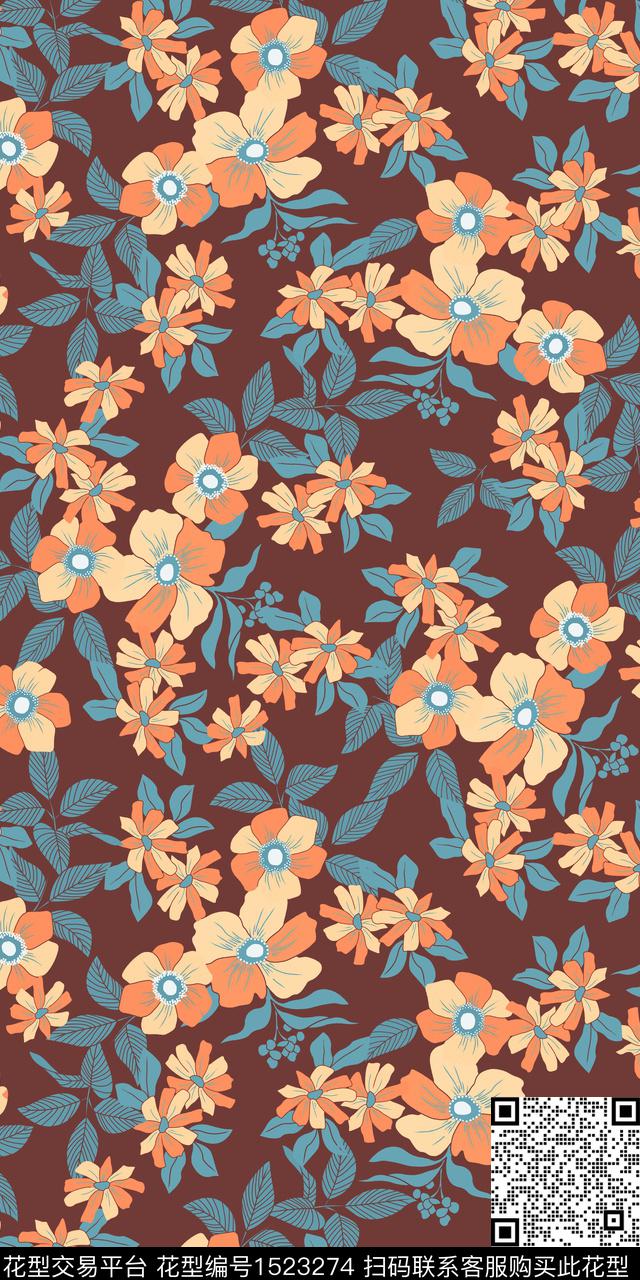 花卉手绘矢量数码印花华亿平台下载（图片编号: 1523274） - 瓦栏（Walan）