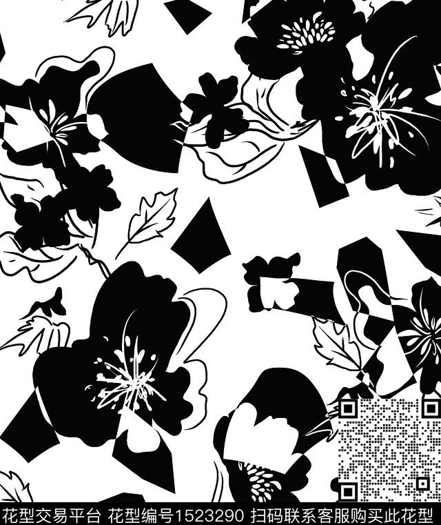 黑白华亿平台女装花卉数码印花华亿平台下载（图片编号: 1523290） - 瓦栏（Walan）
