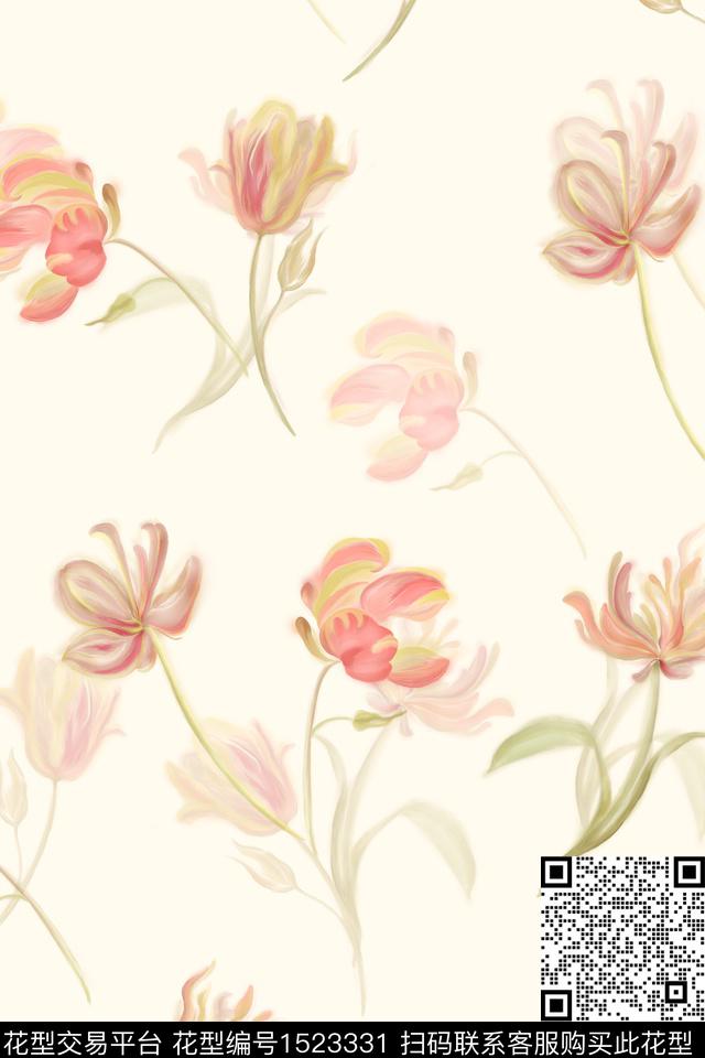 花卉小清新朦胧数码印花华亿平台下载（图片编号: 1523331） - 瓦栏（Walan）