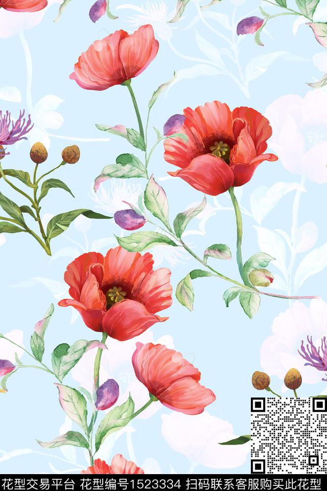 花卉小清新影花数码印花华亿平台下载（图片编号: 1523334） - 瓦栏（Walan）
