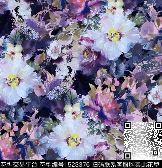 油画华亿平台牡丹手绘花卉数码印花华亿平台下载（图片编号: 1523376） - 瓦栏（Walan）