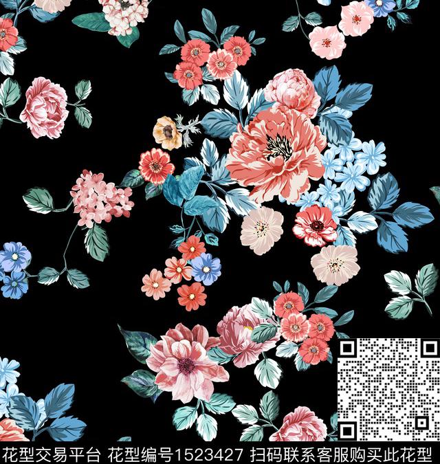 水彩花卉黑底花卉数码印花华亿平台下载（图片编号: 1523427） - 瓦栏（Walan）