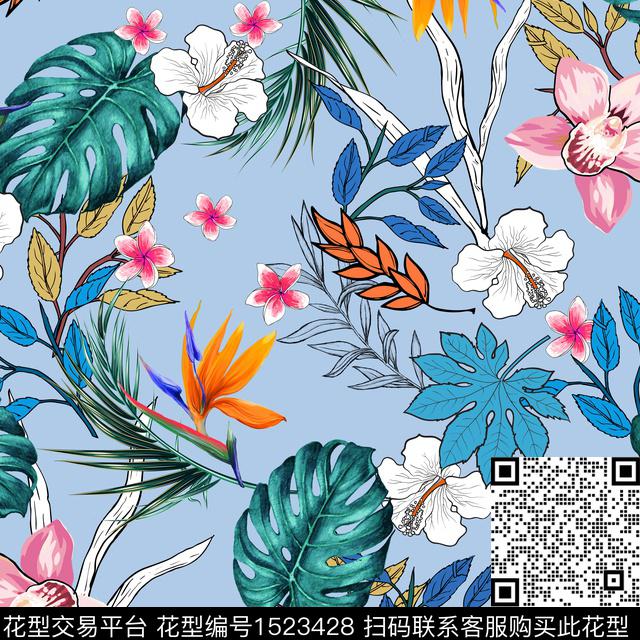 花卉手绘热带华亿平台数码印花华亿平台下载（图片编号: 1523428） - 瓦栏（Walan）