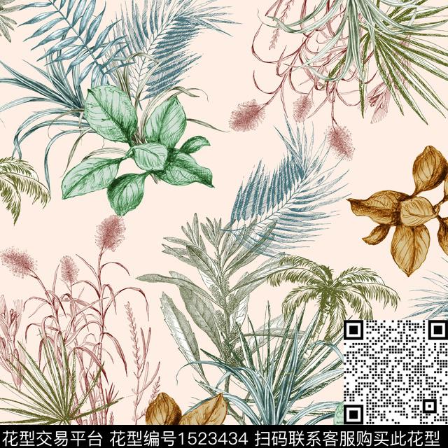 手绘绿植树叶米色底数码印花华亿平台下载（图片编号: 1523434） - 瓦栏（Walan）