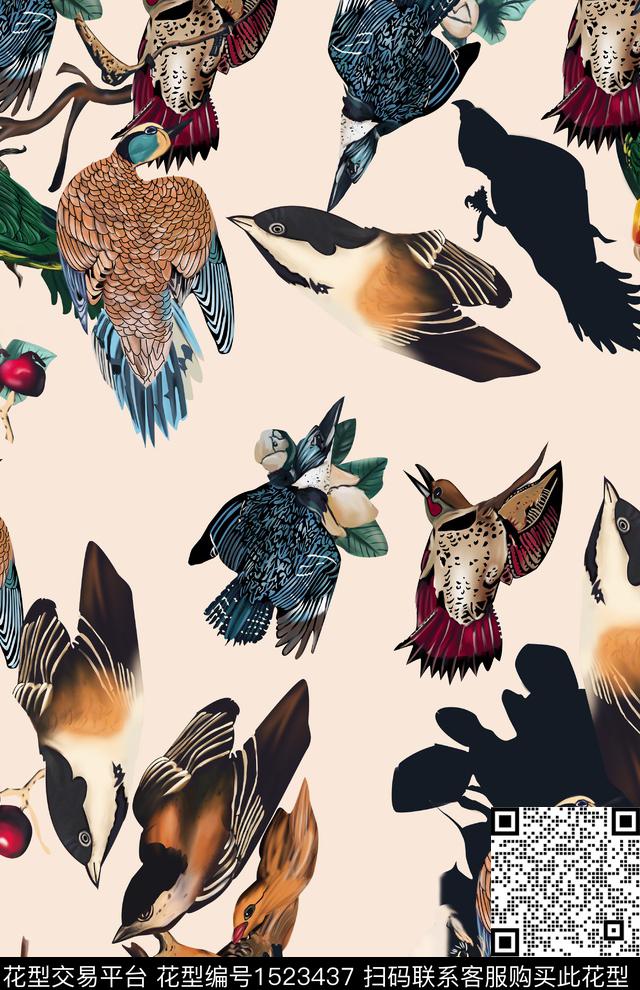 鸟手绘米色底数码印花华亿平台下载（图片编号: 1523437） - 瓦栏（Walan）