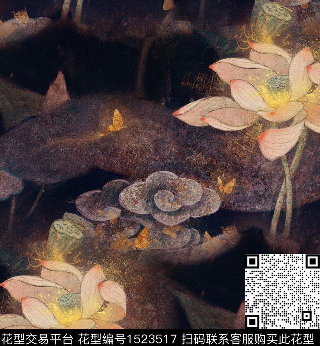 荷花国画重彩数码印花华亿平台下载（图片编号: 1523517） - 瓦栏（Walan）