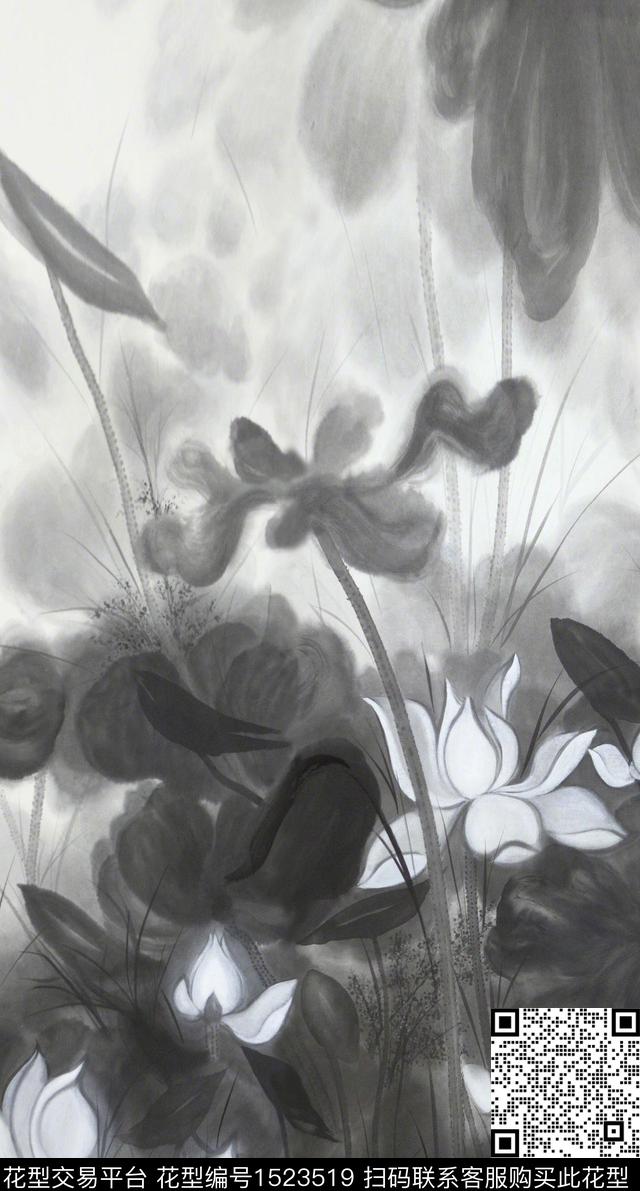 荷花水墨风中国风定位花数码印花华亿平台下载（图片编号: 1523519） - 瓦栏（Walan）