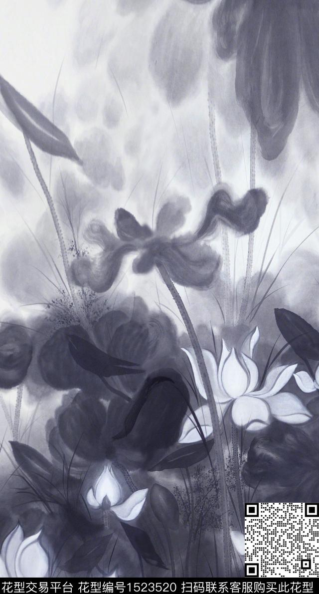 荷花水墨风中国风定位花数码印花华亿平台下载（图片编号: 1523520） - 瓦栏（Walan）