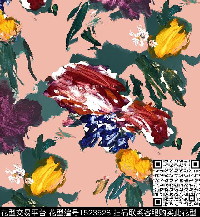 油画华亿平台牡丹大花数码印花华亿平台下载（图片编号: 1523528） - 瓦栏（Walan）