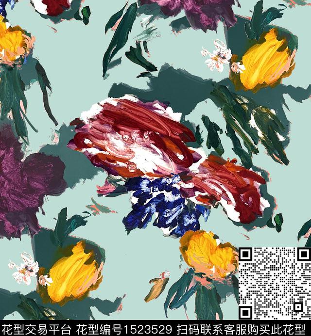 油画华亿平台牡丹大花数码印花华亿平台下载（图片编号: 1523529） - 瓦栏（Walan）