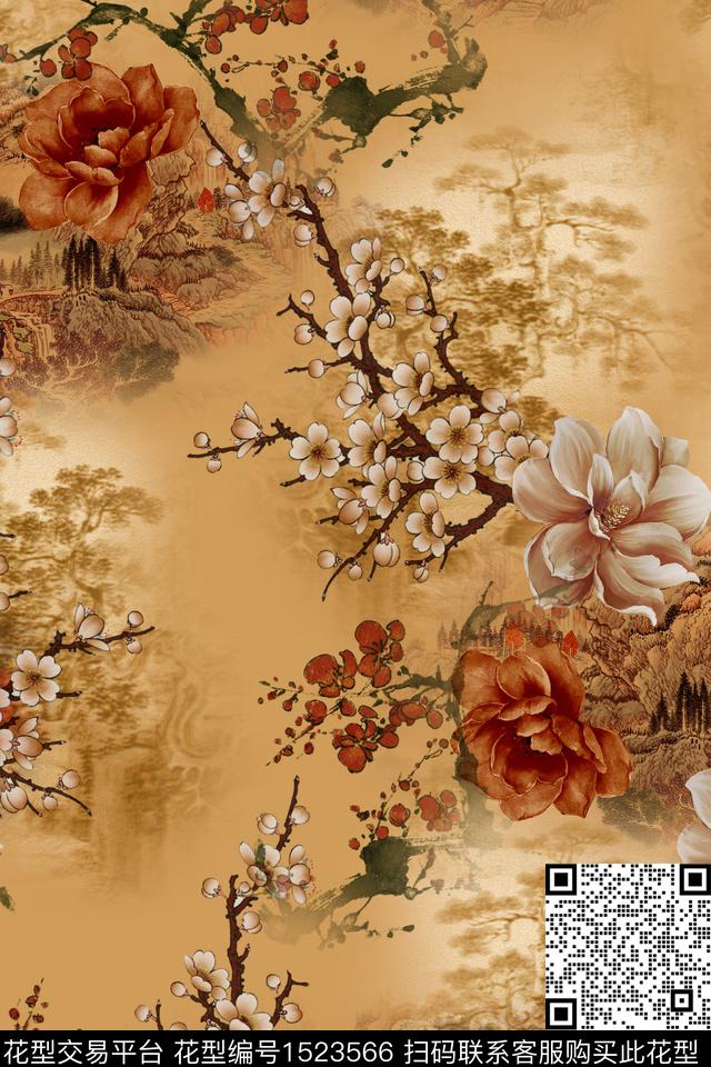花卉香云纱中国风数码印花华亿平台下载（图片编号: 1523566） - 瓦栏（Walan）