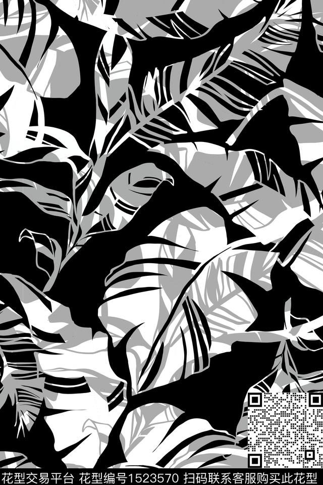 黑白华亿平台植物叶子花卉植物传统印花华亿平台下载（图片编号: 1523570） - 瓦栏（Walan）