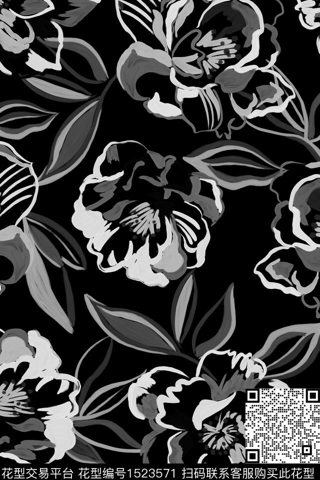 花卉植物黑白华亿平台数码印花华亿平台下载（图片编号: 1523571） - 瓦栏（Walan）