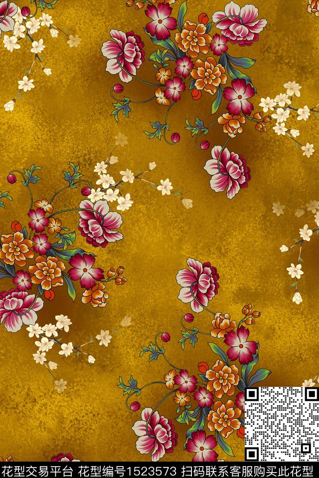 花卉旗袍香云纱数码印花华亿平台下载（图片编号: 1523573） - 瓦栏（Walan）