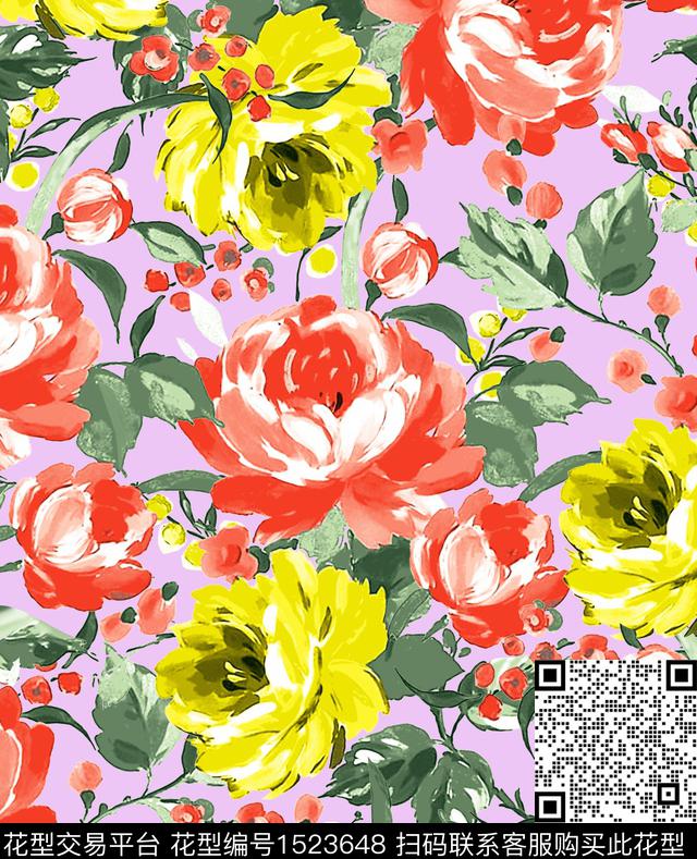 手绘花卉水彩花卉印花女装数码印花华亿平台下载（图片编号: 1523648） - 瓦栏（Walan）