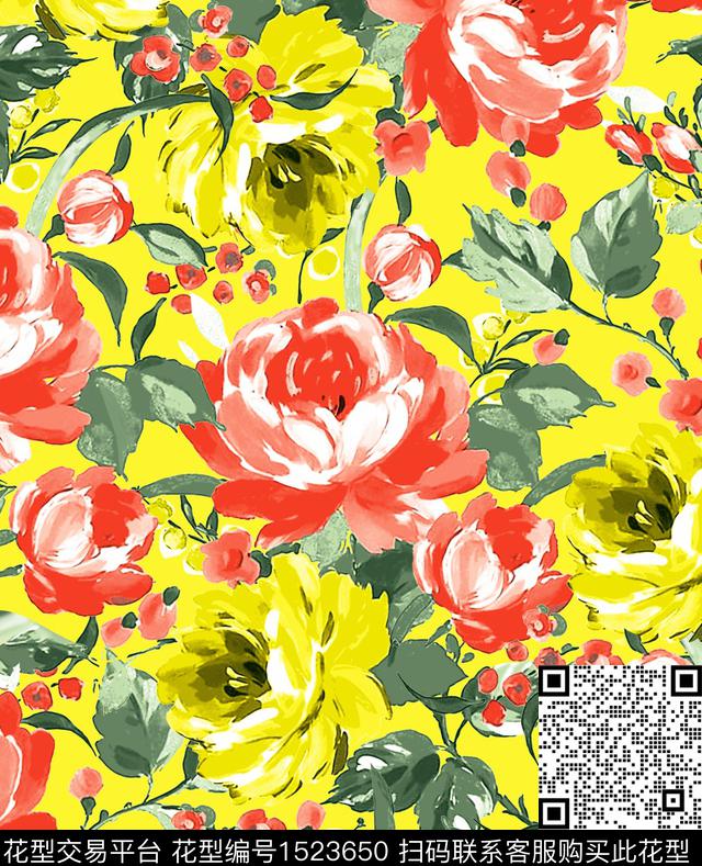 手绘花卉水彩花卉印花女装数码印花华亿平台下载（图片编号: 1523650） - 瓦栏（Walan）