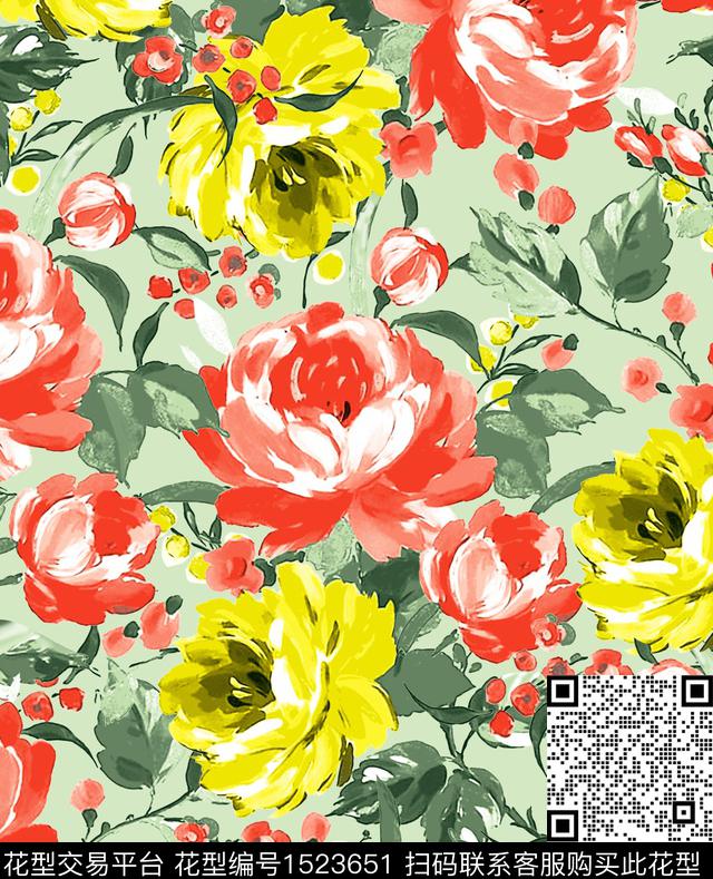 手绘花卉水彩花卉印花女装数码印花华亿平台下载（图片编号: 1523651） - 瓦栏（Walan）