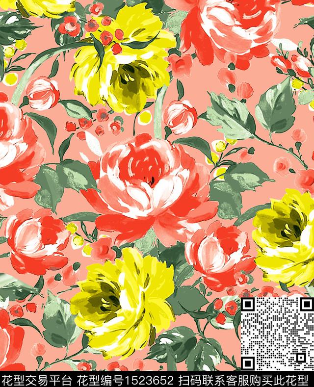 手绘花卉水彩花卉印花女装数码印花华亿平台下载（图片编号: 1523652） - 瓦栏（Walan）