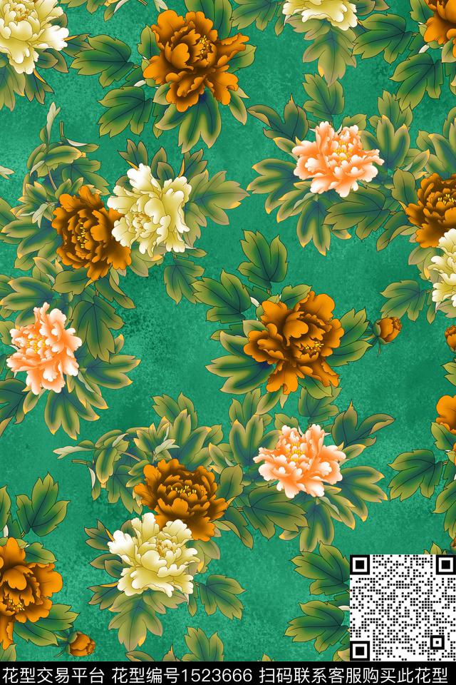 花卉旗袍香云纱数码印花华亿平台下载（图片编号: 1523666） - 瓦栏（Walan）