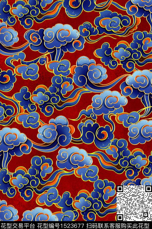 祥云旗袍香云纱数码印花华亿平台下载（图片编号: 1523677） - 瓦栏（Walan）