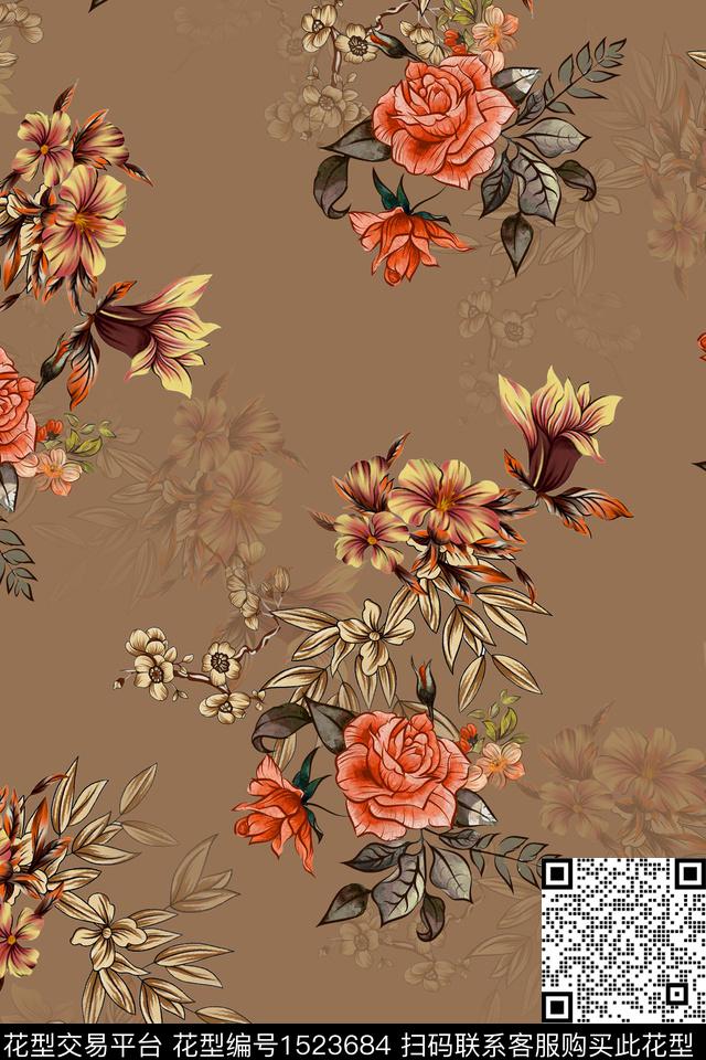 花卉旗袍香云纱数码印花华亿平台下载（图片编号: 1523684） - 瓦栏（Walan）