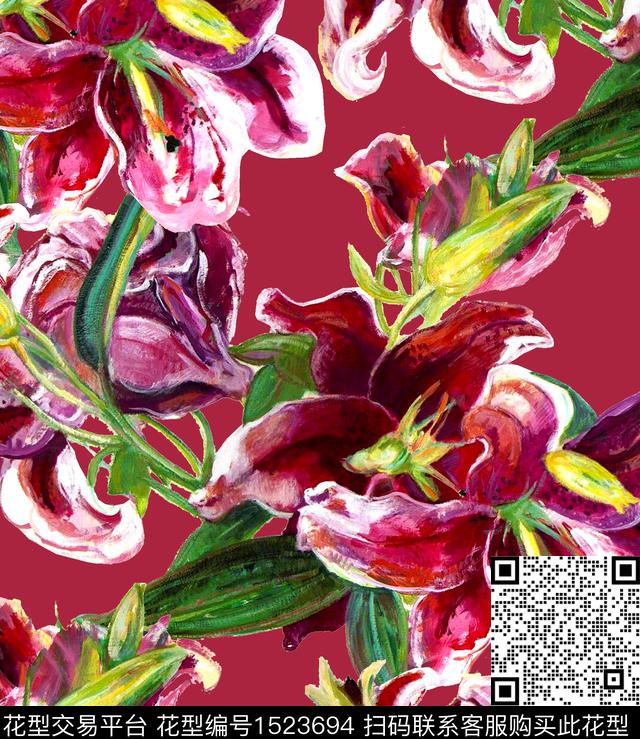 玫瑰花油画华亿平台百合传统印花华亿平台下载（图片编号: 1523694） - 瓦栏（Walan）