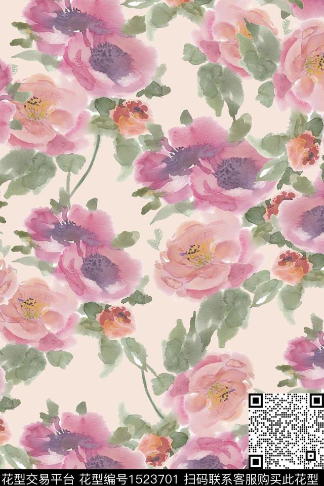 小清新水彩手绘花卉数码印花华亿平台下载（图片编号: 1523701） - 瓦栏（Walan）