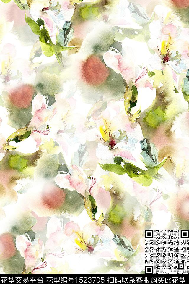 抽象花卉小清新水彩数码印花华亿平台下载（图片编号: 1523705） - 瓦栏（Walan）