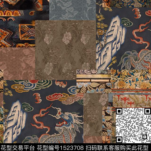 民族风香云纱混合拼接数码印花华亿平台下载（图片编号: 1523708） - 瓦栏（Walan）