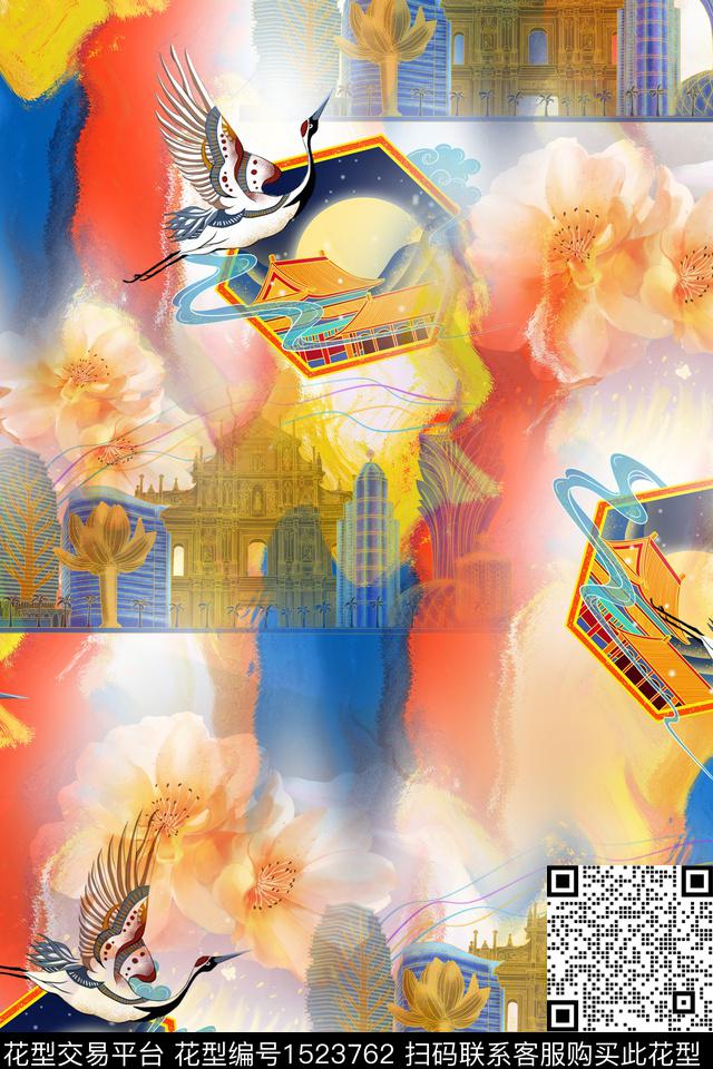 中国风肌理鸟数码印花华亿平台下载（图片编号: 1523762） - 瓦栏（Walan）