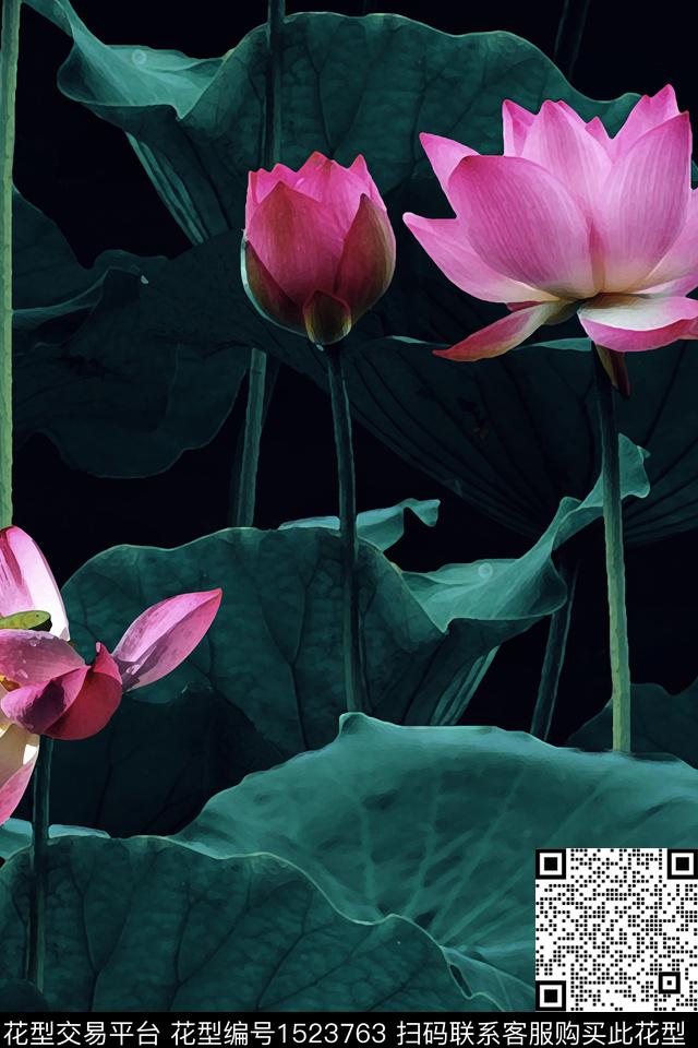 荷花花卉配饰数码印花华亿平台下载（图片编号: 1523763） - 瓦栏（Walan）