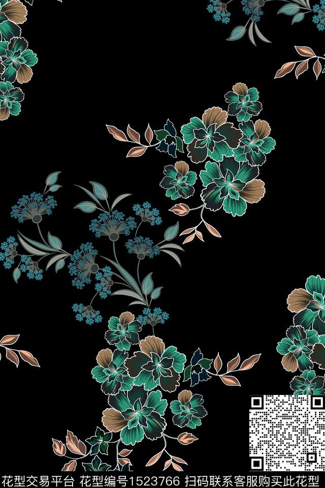 花卉黑底花卉中国风数码印花华亿平台下载（图片编号: 1523766） - 瓦栏（Walan）