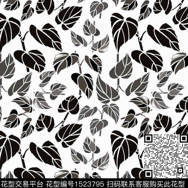绿植树叶黑白华亿平台花卉传统印花华亿平台下载（图片编号: 1523795） - 瓦栏（Walan）