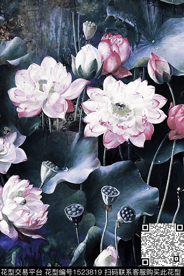 荷花花卉香云纱数码印花华亿平台下载（图片编号: 1523819） - 瓦栏（Walan）