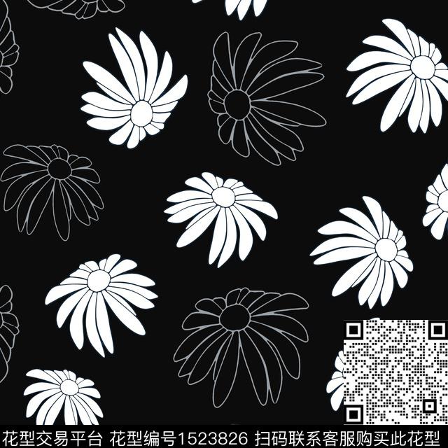 绿植树叶黑白华亿平台花卉传统印花华亿平台下载（图片编号: 1523826） - 瓦栏（Walan）